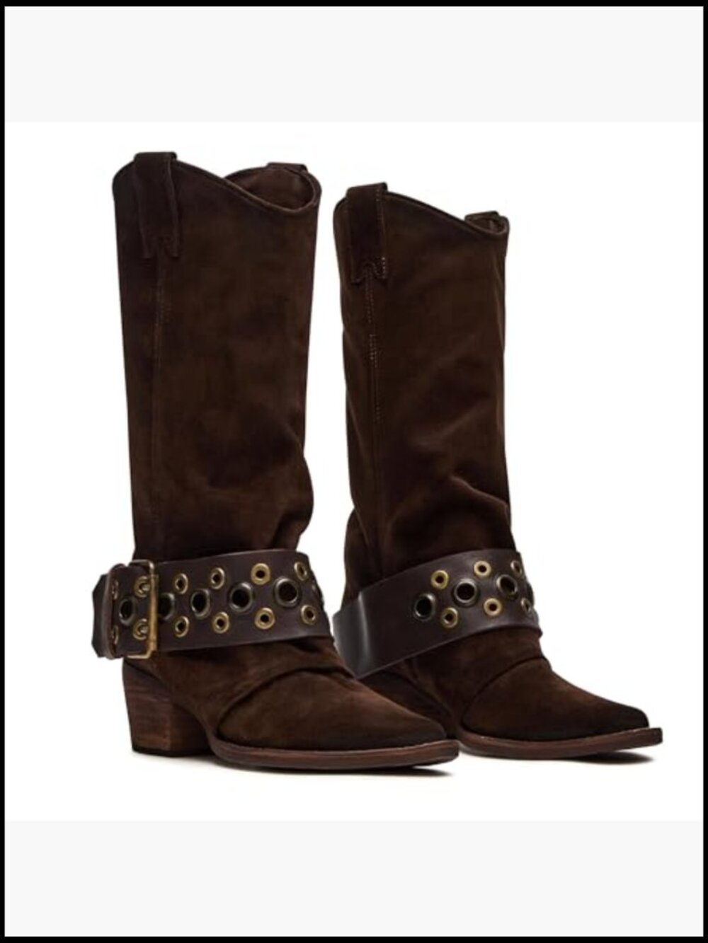 Suede Pointed Toe Cowboy Boots Chunky Heel Mid Calf Western Shoes - Picture 3 of 5